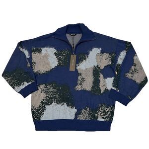 Misook Quarter Zip Knit Sweater Abstract Collared Blue Artsy NWT - Medium